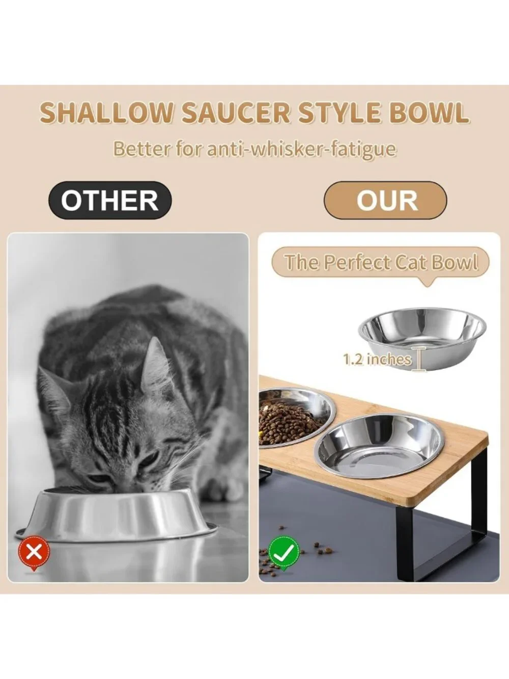 Elevated Cat Bowls with Anti-Vomiting Tilted Stand & Food Mat - 2 Stainless